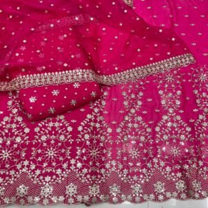 Elegant Pink Viscose Georgette Fabric with Heavy Embroidery