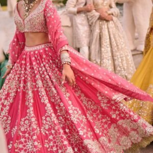 Elegant Pink Viscose Georgette Fabric with Heavy Embroidery